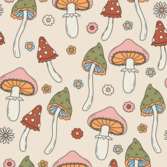 Wall Mural - Seamless vector pattern with funky poisonous mushrooms. 60s and 70s style groovy amanita background. Hand drawn vintage toadstools texture