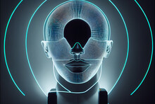 A Man With A Futuristic-looking Face Is Lit Up By Neon Lights On A Black Background. His Minimalist Design Is Reminiscent Of Modern Times.