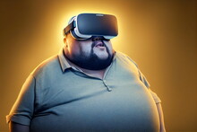 Fat Man With VR Glasses On Gold Background Illustration. 3D Digital Rendering.