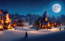 Generative AI 3D Rendered Winter Snow Scene Cold And Serene New For Winter 2023. Santa's Village In The North Pole With A Full Moon Over It At Night. Beautiful And Scenic Idyllic Christmas Village