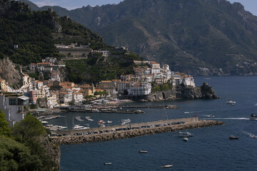 Wall Mural - Panoramic view of beautiful Amalfi Positano on hills leading down to coast, Campania, Neaples, Italy. Amalfi coast is most popular travel and holiday destination in Europe.