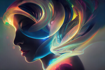 Wall Mural - abstract background beautiful woman head with colorful glowing lights