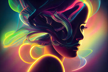 Wall Mural - abstract background beautiful woman head with colorful glowing lights