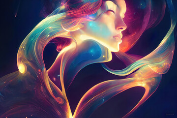 Wall Mural - abstract background beautiful woman head with colorful glowing lights