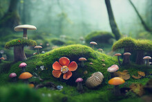 Beautiful Fantasy Forest Foliage Background, Close-up Photo, Colorful Mushrooms And Flowers