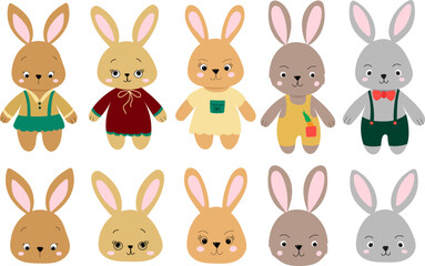 Sticker - cartoon rabbits, hares in flat style, design isolated vector