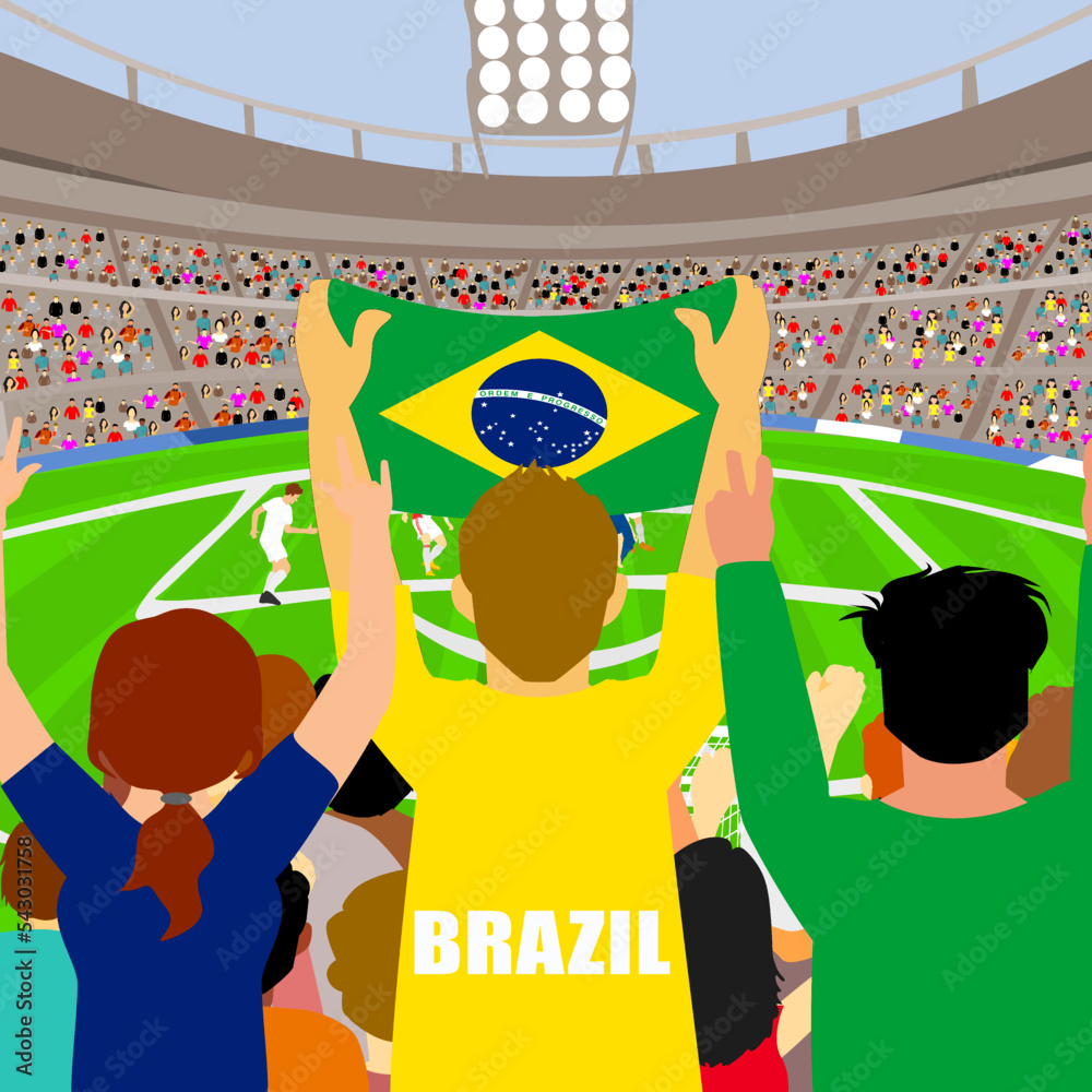 Vector of Brazilian Soccer fans or crowd, supporters cheering and  supporting thier national Football team with a Flag. Stock Vector | Adobe  Stock, image size:1000x1000