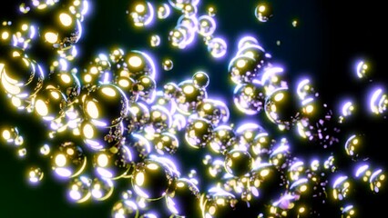 Poster - Moving stream of glowing bubbles on dark background. Design. Bright glowing bubbles move in stream. Diagonal flow of moving 3d bubbles with neon glow