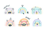Fototapeta Pokój dzieciecy - Cute baby animals set. Kitten, whale, lion, unicorn, penguin cartoon vector illustration