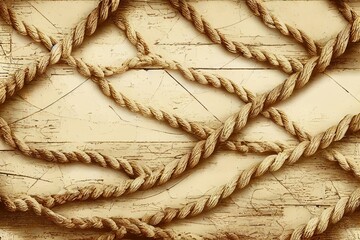 Marine rope texture on old beige wooden floor. Vintage navy retro background.