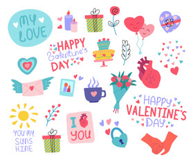 Poster - Cartoon Color Different Cute Valentines Day Labels Badges Stickers Set Romantic Concept Flat Design Style. Vector illustration