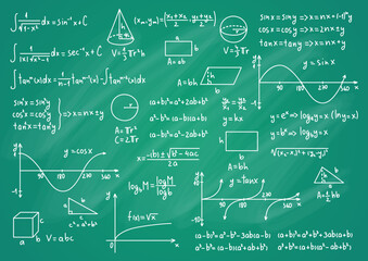 Wall Mural - Math Science Formulas Thin Line on a Green Blackboard Background. Vector illustration of Education or Science Concept
