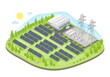 solar farm power plant with solar cell green energy ecology powerhouse concept electricity in nature isometric vector isolated