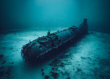 Underwater Illustration Of Submarine Wreck Under The Sea