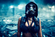 Hot woman with big chest in gas mask, post-apocalyptic landscape