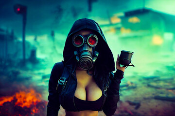 Wall Mural - Hot female in gas mask and sexy outfit, cleavage. Apocalypse warrior princess concept, mad max and fallout style.