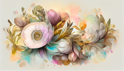 Wall Mural - Flowers in a watercolor style. Drawn on a textured background in pastel colors, fit the photo wallpaper into rooms or home interiors. 3D render.