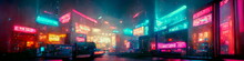 Futuristic Cyberpunk City Full Of Neon Lights At Night, Retro Future Illustration In A Style Of Pixel Art, Blurred Background