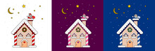 Christmas Houses With Santa Claus In The Chimney, 3 Color Sets, Completely Editable.