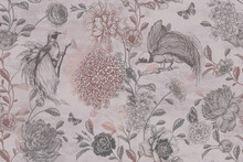 Tropical Pattern Wallpaper Vintage Flower, Birds And Flying Butterflies With A Pink Background