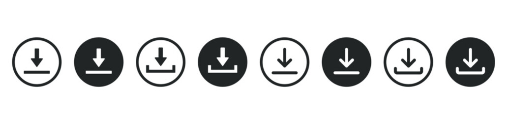 Poster - Black download upload button icon. Upload icon. Down arrow bottom side symbol. Click here button. Save cloud icon push button for UI UX, website, mobile application.
