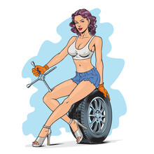 Pin Up Style Woman Working To Repair The Car Wheel. Garage Or Tire Service Worker. Vector Illustration.