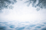 Fototapeta Na sufit - Winter Christmas background with snowy pine branches and snow heap