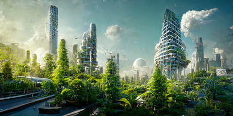 Futuristic sci-fi fantasy city green buildings with trees, plants on buildings, and high-speed train