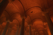 Vaults And Columns Of A Historical Building. Cistern Ceiling