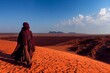 lonely nomad in the sahara desert, sand dunes and blue sky, fictional person created with generative ai