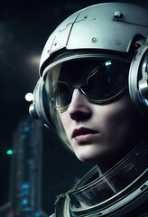 Wall Mural - A fictional person, not based on a real person. Portrait of an fictional astronaut in a spacesuit. High-tech astronaut from the future. The concept of space travel. . G. Generative AI