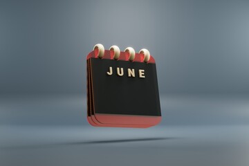 Poster - Standing black and red month lined desk calendar with date June . Modern design with golden elements, 3d rendering illustration. Blue gray background..