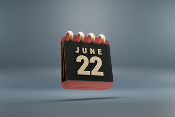 Poster - Standing black and red month lined desk calendar with date June 22. Modern design with golden elements, 3d rendering illustration. Blue gray background..