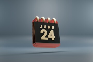 Poster - Standing black and red month lined desk calendar with date June 24. Modern design with golden elements, 3d rendering illustration. Blue gray background..