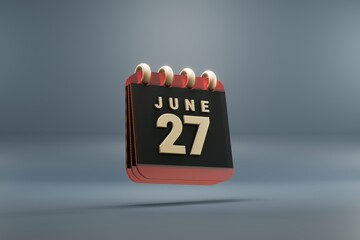 Poster - Standing black and red month lined desk calendar with date June 26. Modern design with golden elements, 3d rendering illustration. Blue gray background..