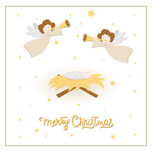 Christmas Cute Angel. Blue Angel Figure Isolated On Dark Blue Background With Stars. Portrait View Of Flying Angelic Character In Blue Clothes. Vector Design For Greeting Cards And Invitations