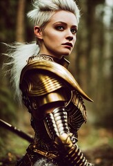 Wall Mural - A fictional person, not based on a real person. Portrait of an ancient female warrior in ancient warrior armor. The concept of an ancient brave warrior. 3D render.