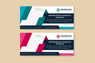 Poster - collection of abstract geometric banner template. Horizontal layout combined with multicolored design on elements. Square space for photo collage. White background. dot circle pattern.