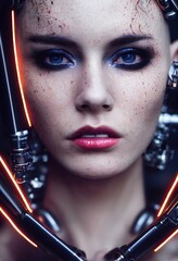 A fictional person, not based on a real person. Portrait of a sci-fi cyberpunk girl. High-tech futuristic woman from the future. The concept of virtual reality and cyberpunk. G. Generative AI