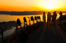 Beautiful Landscape, Group Of Tourists, Segways And Sunset Seen From The Mount Floyen In Bergen In Norway On July 25, 2019
