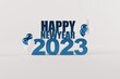 © Sebastian - The number 2023, the new year. New Year, Happy New Year concept. Golden number 2023 on a light background. 3D render, 3D illustration.