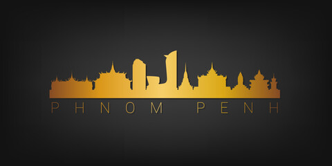 Phnom Penh, Cambodia Gold Skyline City Silhouette Vector. Golden Design Luxury Style Icon Symbols. Travel and Tourism Famous Buildings.