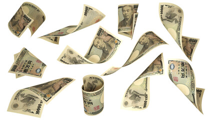 Set of 10000 Japanese yen notes flying in different angles and orientations isolated on white background