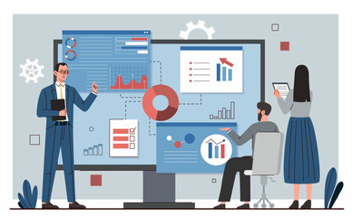 Poster - people analyzing concept. men and girl looking at graphs and charts. infographics, work with statist