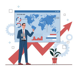 Poster - investor presentation concept. economist with glasses on background of graphs and diagrams. financia