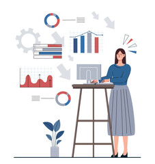 Poster - business woman concept. young girl stands at computer and analyzes graphs, diagrams and charts. work