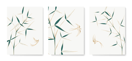 Luxury art background with tropical bamboo plant and birds in golden line art style. Botanical vector set with exotic plants for wallpaper, print, decor, textile, interior design.