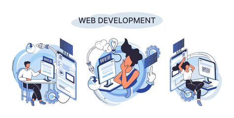 Web development metaphor, coding and programming responsive layout internet site or app of devices. Creation digital Software mobile, desktop platforms. Computer code, tablet, phone, digital business
