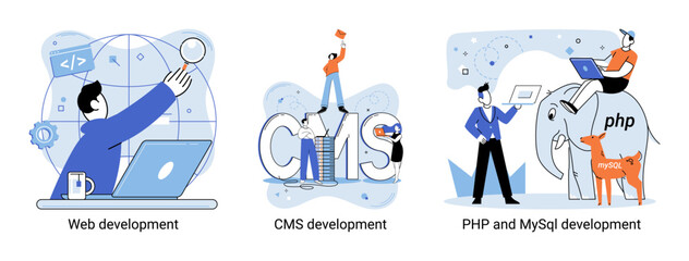 Website architecture concepts metaphor. Web development, PHP and MySQL, CMS, interface design, software testing. Creation digital Software mobile, desktop platforms. Digital content management system