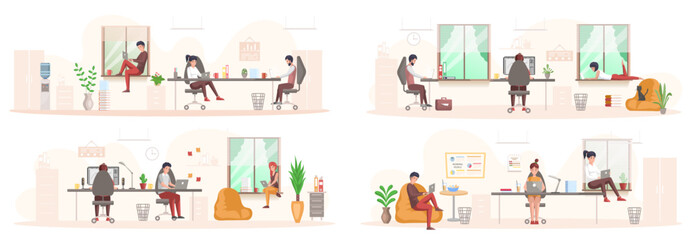 Fototapete - Working people. Office staff, work and communication. Head and subordinates. Various workers, managers team. Business employees on workspace. Office workers. Co-workers. Colleagues project teamwork